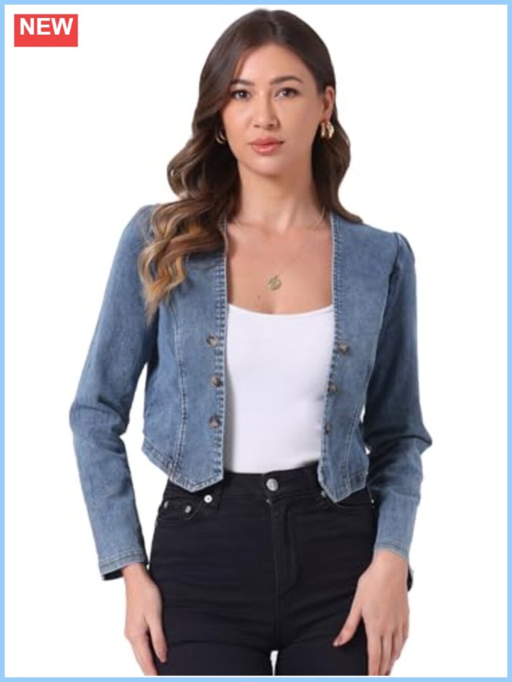 Collarless Cropped Denim Jacket Double Breasted Button Front